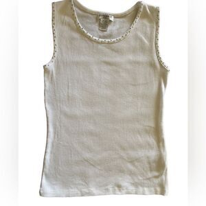 Hannah white tank top w silver rhinestones on collar & sleeves cotton blnd sz PS
